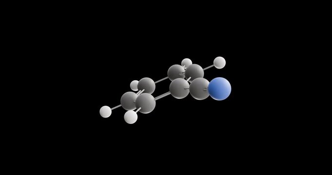 Benzonitrile molecule, rotating 3D model of aromatic organic compound, looped video on a black background
