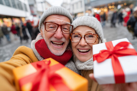 clouse up photo of a happy senior couple taking a selfie while holding christmas gifts at the city square during winter, with many people around and a shopping center in the backgr - Powered by Adobe