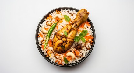 Top View of Chicken Biryani Bowl on White Background — Authentic Indian Food Photography