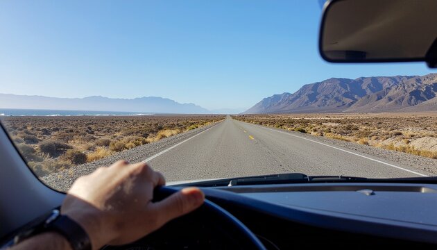 Hit the open road for adventure driving through scenic desert landscape with mountains on the horizon, perfect for travel blogs and inspirational road trips