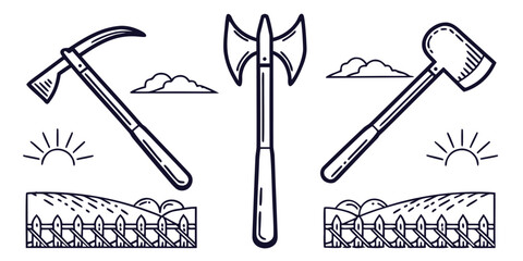 Three historical tools, a scythe, a double-headed axe, and a hammer axe, are depicted with elements of a rural landscape.