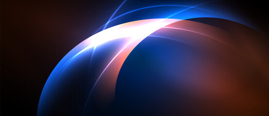 Abstract design features curved lines, vibrant blues, reds, white light. Dramatic contrast creates modern visual impact.