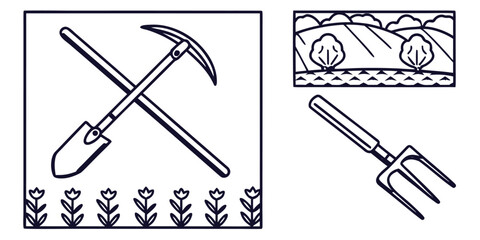 A shovel and pickaxe crossed with a pitchfork and a landscape