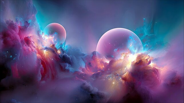 A celestial scene featuring two large, glowing planets amidst swirling nebulae of pink, purple, and turquoise, with small, bright stars visible.