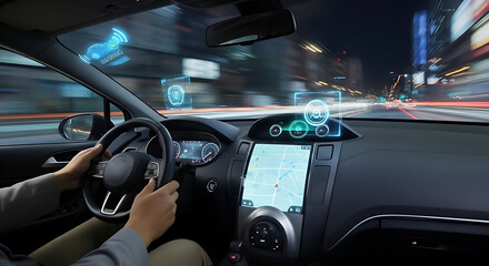 Experience the future of driving with advanced technology in a sleek car, seamlessly navigating the vibrant city at night with intelligent assistance