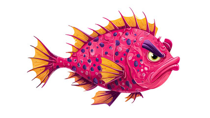  Angry cartoon fish with expressive features showing bold emotions in vibrant illustrative style suitable for creative projects isolated on white background
