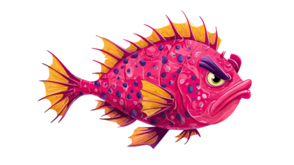 Angry cartoon fish with expressive features showing bold emotions in vibrant illustrative style suitable for creative projects isolated on white background