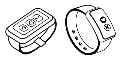 Two wearable devices with buttons and icons are shown in a line drawing.