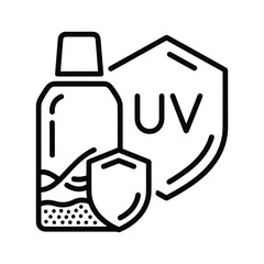 Line art illustration of sunscreen spray with uv protection symbols, isolated on, for summer skincare