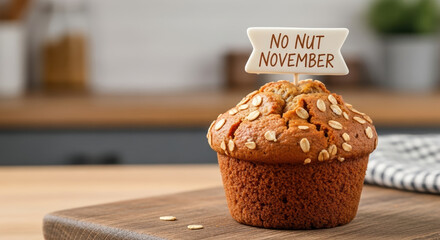 Celebrating No Nut November with oatmeal muffin on wood board. No Nut November treat presents a freshly baked muffin topped with oats, served as sweet indulgence.