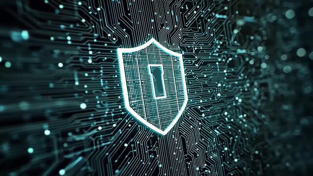 Abstract digital background featuring a glowing shield symbol amid intricate circuit patterns