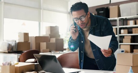 Laptop, man and stress with phone call in shipping for refund request, inventory error or crisis. Small business owner, document or frustrated with contact for logistics fail, supplier delay or flare