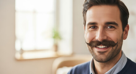 No Shave November portrait of happy man with mustache inside, looking at camera. Celebrating No Shave November encourages growing facial hair and embodies spirit of the season.
