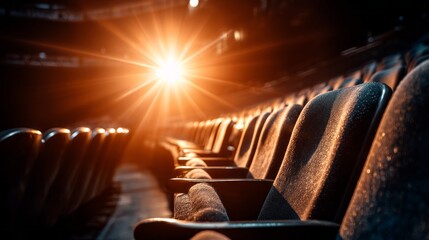 A vibrant auditorium with sleek, empty seats invites viewers to experience captivating performances. The warm glow of lights enhances the welcoming atmosphere, ready for excitement