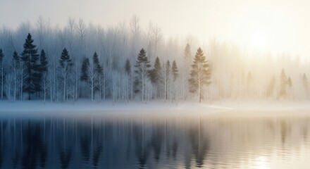 Serene lake at daybreak reflecting a tranquil winter forest panorama