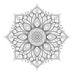 Circular pattern in form of mandala with flower for Henna, Mehndi, tattoo, decoration. Decorative ornament in ethnic oriental style. Outline doodle hand draw vector illustration.