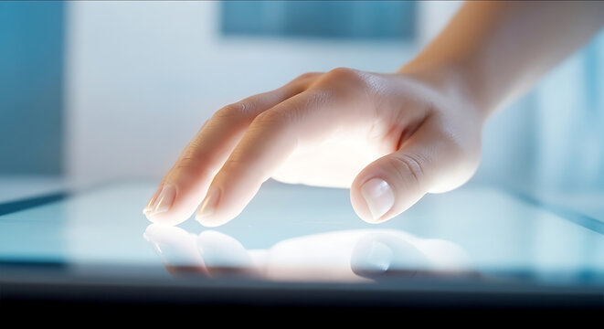 Elegant hand touching vibrant digital screen for modern technology interactions and seamless connectivity in a bright, innovative workspace