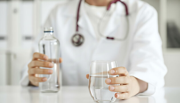 Doctor promoting healthy hydration with water glass and bottle in modern clinic for wellness campaigns or medical advertisements and healthcare promotion