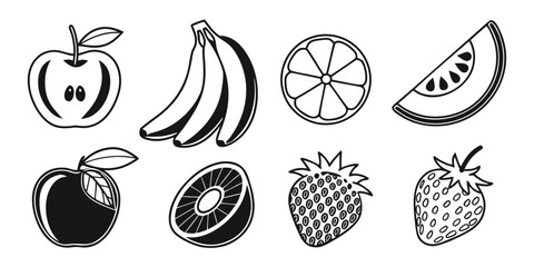 A collection of black and white illustrations of various fruits including apples, bananas, orange, melon, kiwi, and strawberries.