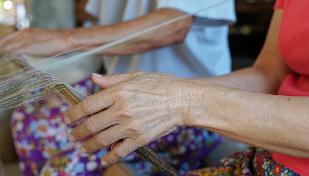 Artisan hands weaving vibrant textiles with traditional loom, showcasing cultural heritage and skillful craftsmanship in a creative, mindful process - Powered by Adobe