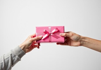 Minimalistic close-up photo of two pairs of hands exchanging a pink gift box tied with a satin ribbon against a white background.