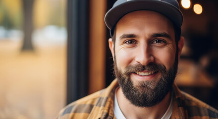 No shave November portrait of happy bearded man wearing baseball cap and casual shirt, smiling. No shave November for awareness and support, men grow out their beards during the month.