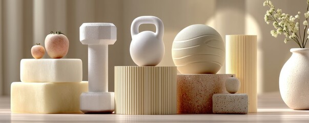 Minimalist composition of gym equipment and neutral blocks in a calm fitness scene