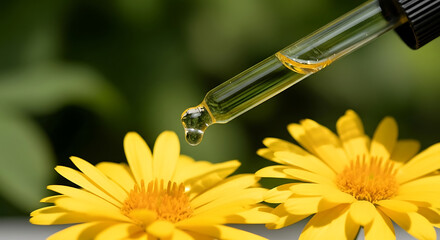 Radiant yellow flowers meet natural oil dropper for a modern wellness campaign promoting organic beauty and mindful self care products today