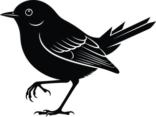 Standing small bird black silhouette with wing details, isolated vector illustration, nature wildlife animal icon for spring garden design or logo.
