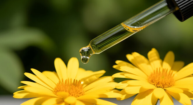 Radiant yellow flowers meet natural oil dropper for a modern wellness campaign promoting organic beauty and mindful self care products today