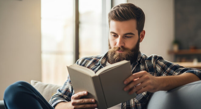 Bearded man reading a book during No Shave November, casually dressed in checkered shirt, sitting on sofa indoors. No Shave November celebrates mustaches, beards, and facial hair, - Powered by Adobe
