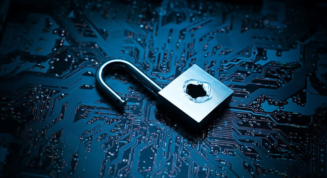 Vulnerable system security showing breached padlock on circuit board, cybersecurity concept for data breach, system failure, and technology risks