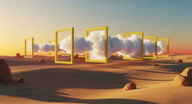 Surreal Desert Landscape with Golden Frames and Ethereal Clouds at Sunset