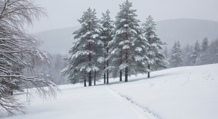 Serene Snowy Landscape with Majestic Pines on a Gentle Hillside during Winter