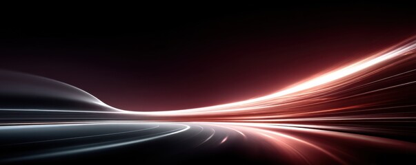 Futuristic highway light trails at night with glowing red arc and motion blur across a dark freeway
