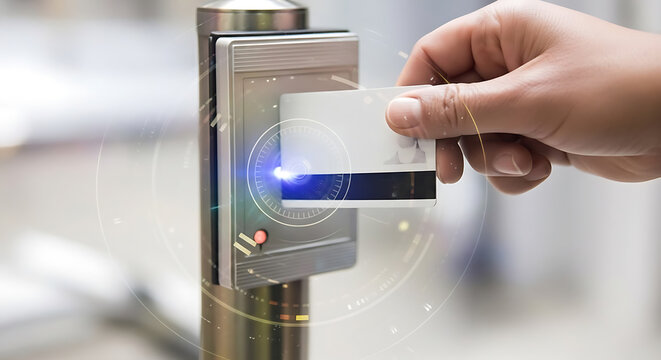 Seamless security access with a modern card reader system in a professional office setting demonstrating efficient and secure building entry protocols