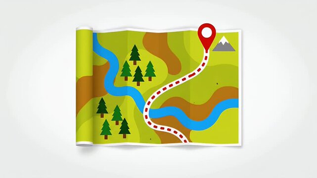 Vector illustration of a folding map showing a route for exploration and adventure