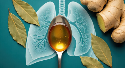 Orthodox Christmas medicine concept with bay leaves, ginger, and honey in spoon. Orthodox Christmas cure for flu on blue background, ginger and honey provides immune system support.