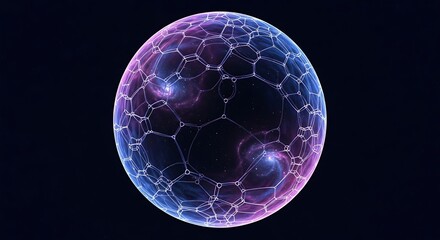 Abstract glowing sphere with interconnected network on dark background.