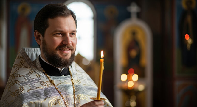 Orthodox Christmas portrait featuring a smiling priest holding a candle in church, celebrating Orthodox Christmas. The priest's kind expression conveys warmth during Orthodox Christmas.
