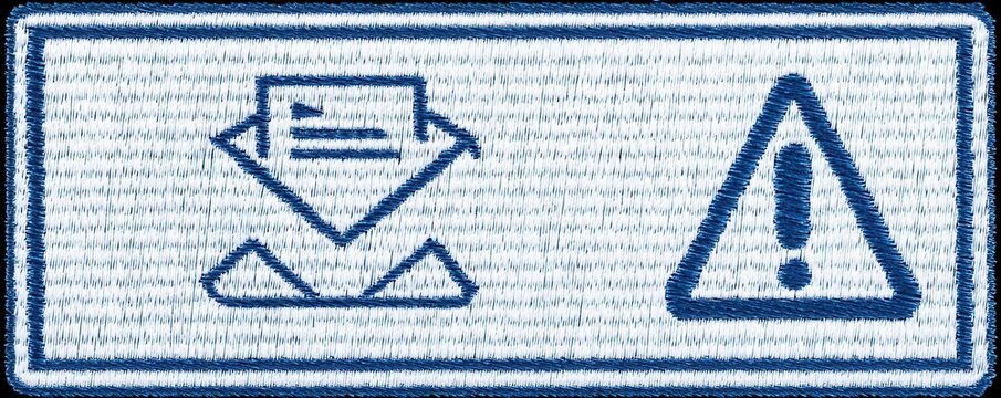 Blue embroidered envelope icon with warning symbol, a simple vector patch for communication concepts