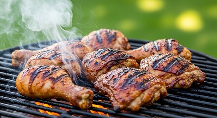 Grilled chicken thighs and drumsticks sizzle on the barbecue, their smoky aroma filling the air, promising a delicious and savory outdoor feast