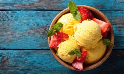 Mango ice cream scoops in wooden bowl, topped with fresh strawberries and mint