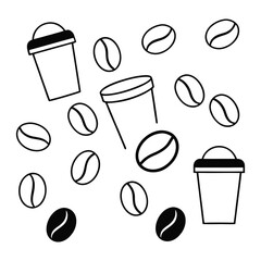 Black and white line art vector illustration of coffee cups and related items isolated on white background