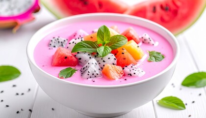 Colorful Indonesian fruit dessert with pink milk and tropical fruits in a bowl