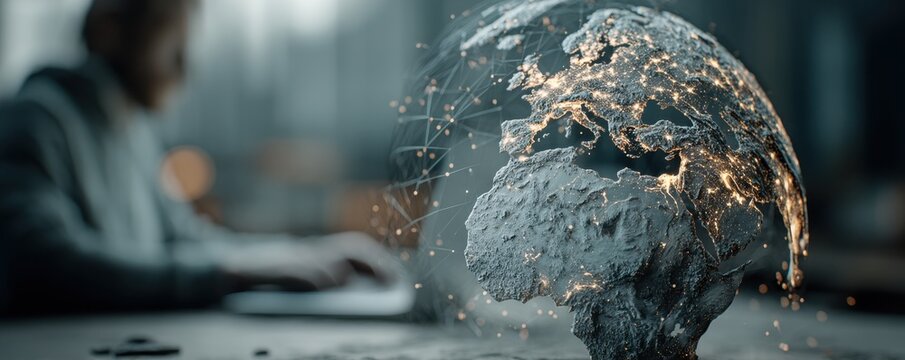 Global connectivity and digital globe: lights, networks, and a person at work in a modern office