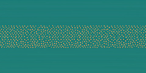 Teal background with horizontal lines and a central band of scattered orange dots in a random pattern