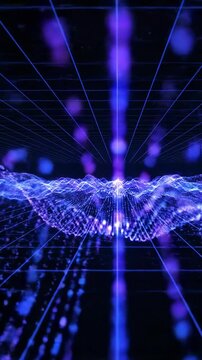 Abstract visualization of luminous particle data flowing in rhythmic blue and purple digital waves across a black virtual grid background software, matrix, fluid dynamics