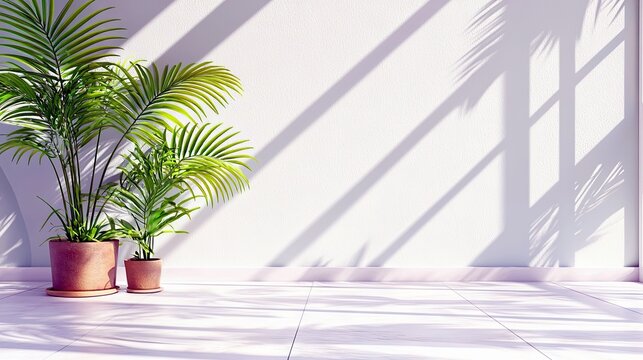 Two potted palm plants are placed against a white wall, with sunlight creating distinct shadows of palm fronds and window blinds on the wall and floor.