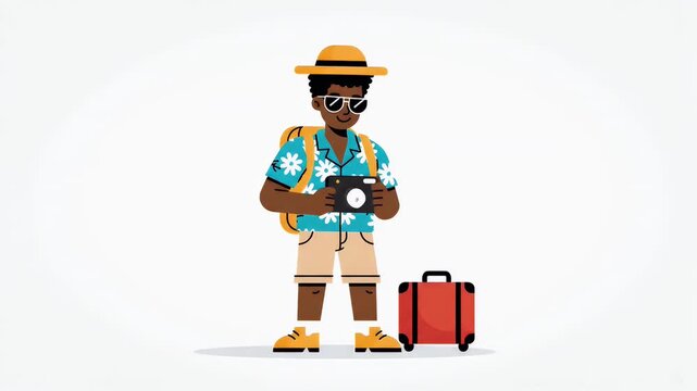 Vector illustration of a male tourist with a camera and luggage on a white background